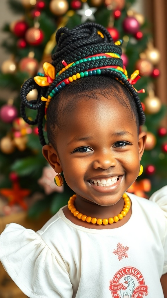 A child with a festive Nigerian hairstyle adorned with beads, smiling in front of a Christmas tree.
